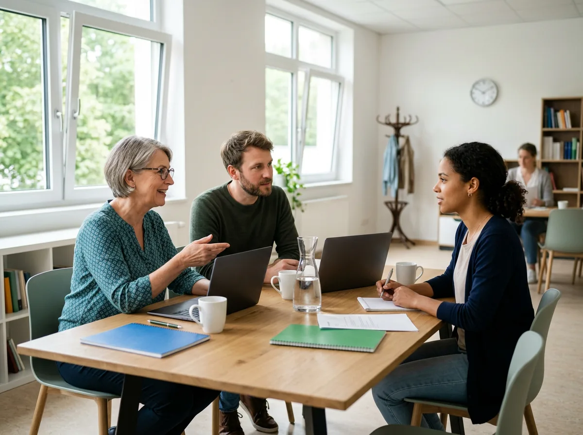 Drei Lehrkräfte besprechen im Lehrerzimmer die Zeugnisnoten am Laptop
