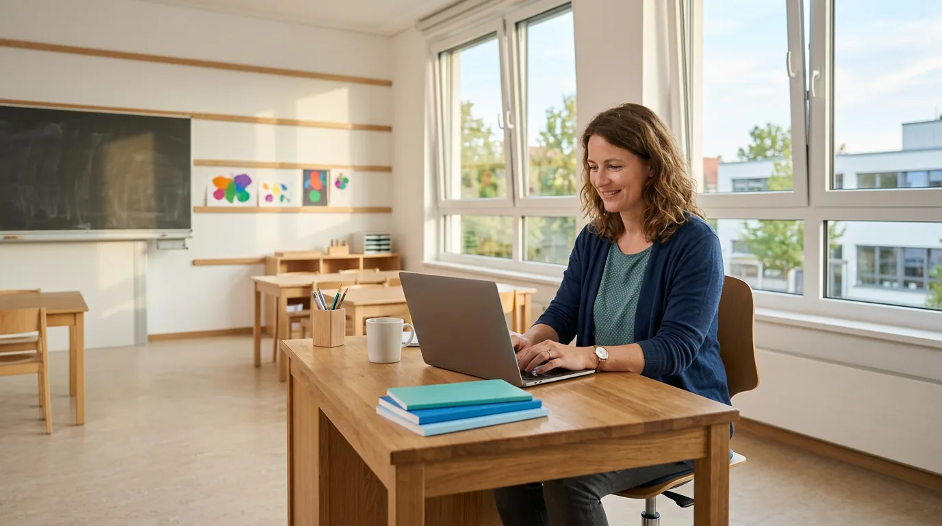 Lehrerin sitzt entspannt am Pult eines hellen Klassenzimmers und arbeitet am Laptop