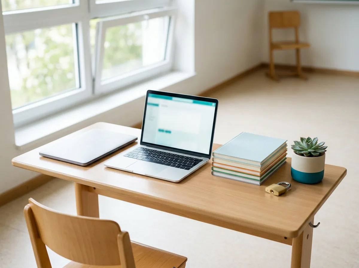 Laptop, Schulhefte und ein Vorhängeschloss auf einem Schreibtisch – Sinnbild für lokal gespeicherte Daten