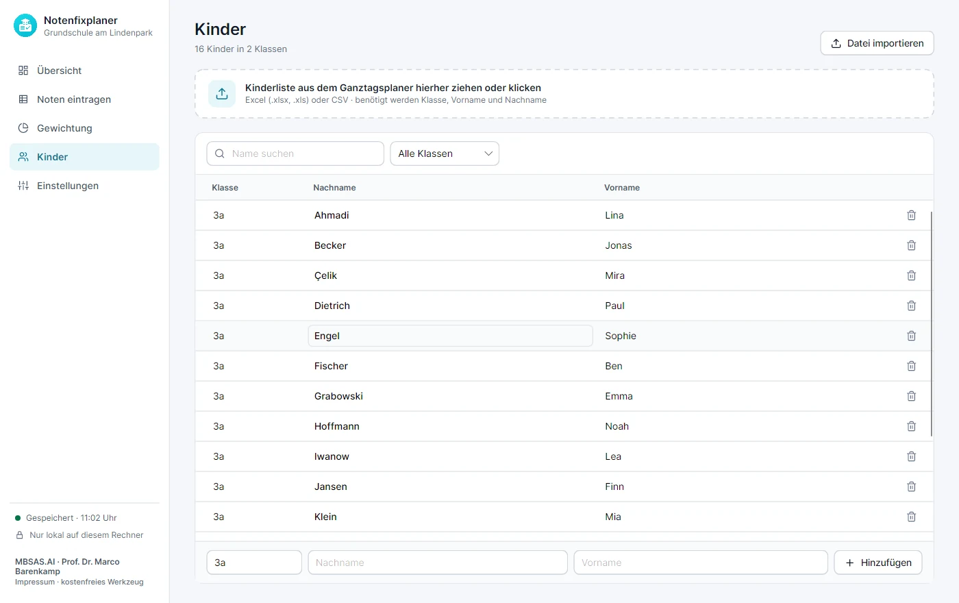 Kinderliste im Notenfixplaner mit Suche, Klassenfilter und Import-Feld für den Ganztagsplaner